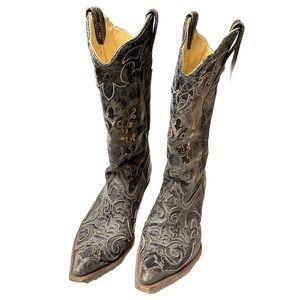 CORRAL Vintage Black Leather with Lizard Inlay Snip Toe Western Boots